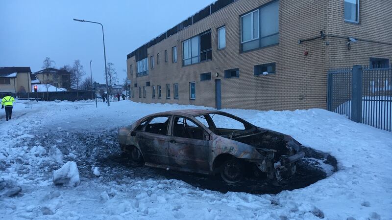 One of the burnt out cars in Jobstown on Saturday. Photograph: Jack Power