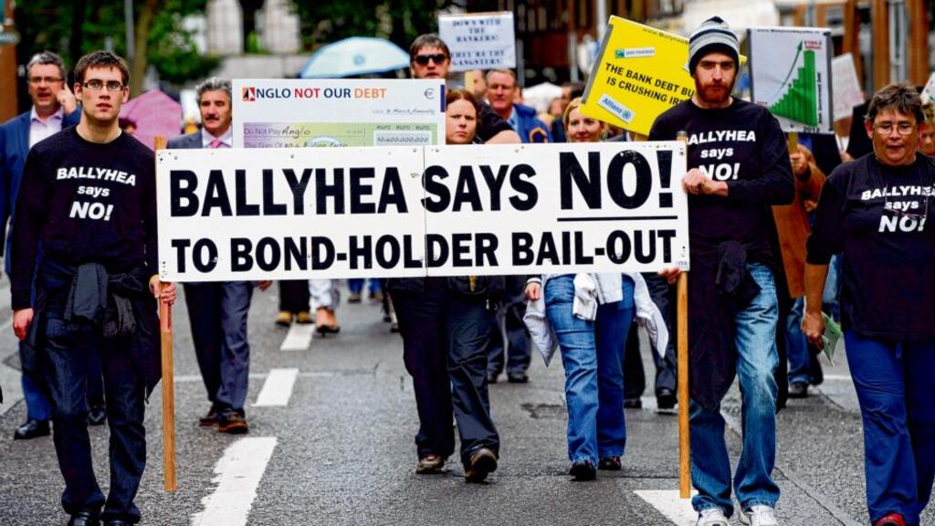 ‘One of the few signs there is some dignity left in Ireland has been the wonderful way in which the people of Ballyhea and Charleville in Co Cork have marched every Sunday since March 2011 to affirm their unwillingness to accept the debts so immorally imposed.’ Above, a Ballyhea protest at Leinster House in 2012. Photograph: Eric Luke