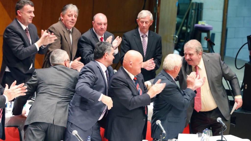 Cllr Kevin Sheahan (right) after being elected cathaoirleach of the new Limerick City & County Council, at the University of Limerick Concert Hall. Photograph: Don Moloney/Press 22