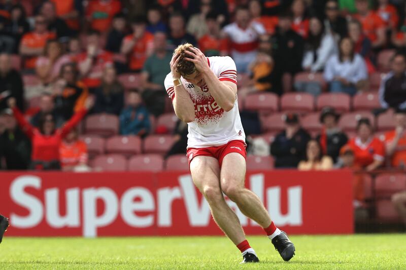 Derry's Lachlan Murray reacts to a missed goal opportunity against Armagh. Photograph: Bryan Keane/Inpho