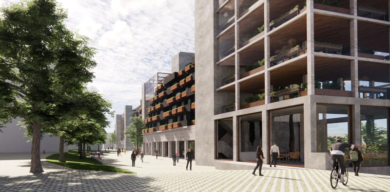 A computer-generated image of proposed student accommodation at the TU Dublin Grangegorman campus