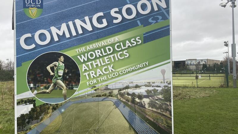 A sign at the site of the new athletics track at UCD