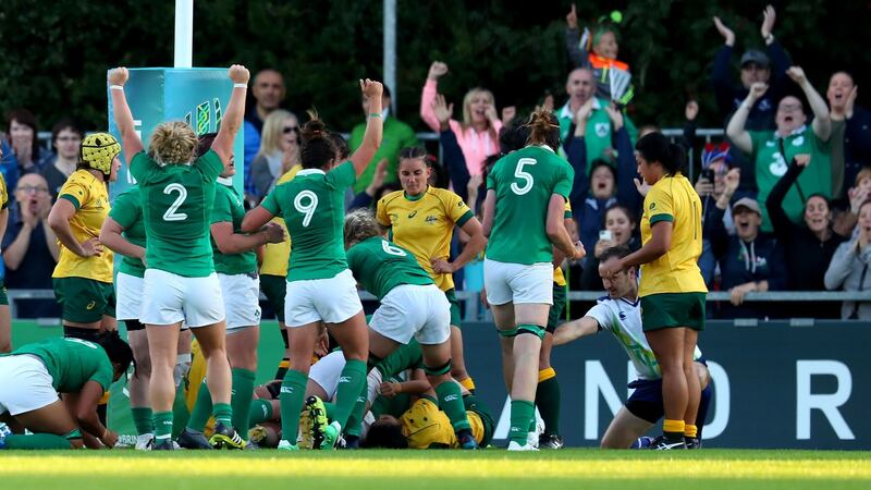 Ireland celebrate Ciara Griffin’s key try against Australia. Photograph: Bryan Keane/Inpho