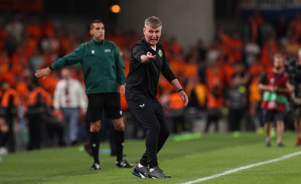 Ireland manager Stephen Kenny during his team's defeat to the Netherlands on Sunday night. Photograph: Ryan Byrne/Inpho