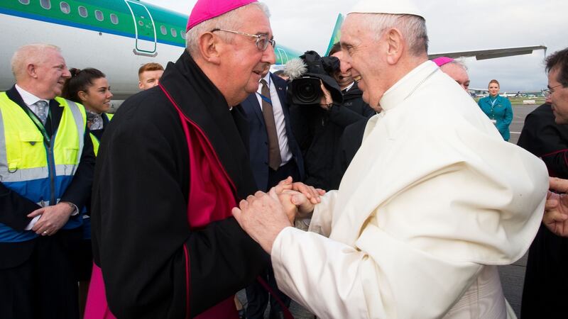 Pope Francis bids farewell to Archbishop Diarmuid Martin as he prepares to leave after his visit to Ireland. Photograph:  WMOF2018/Maxwell Photography via Getty Images