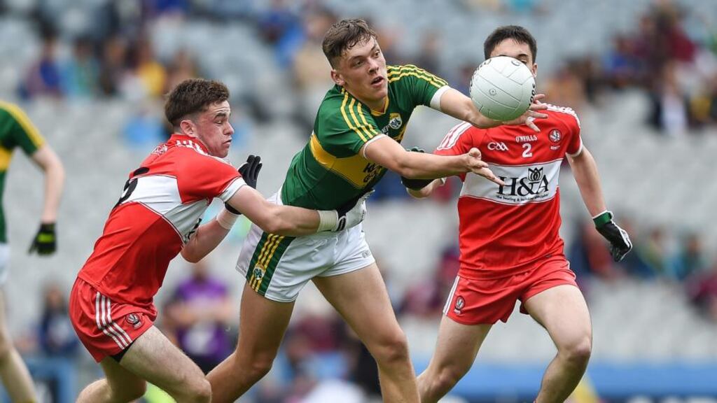 Pick of the bunch: Kerry’s David Clifford gets the ball away from Padraig McGrogan and Conor McCluskey of Derry during their All-Ireland Minor Championship quarter-final. Photograph: Tommy Greally/Inpho