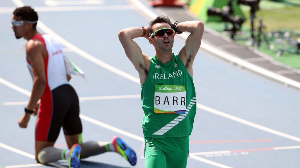 Ireland’s Thomas Barr comes home in fourth place following the men’s 400m hurdles at the Olympic Stadium in Rio. Photograph: David Davies/PA Wire
