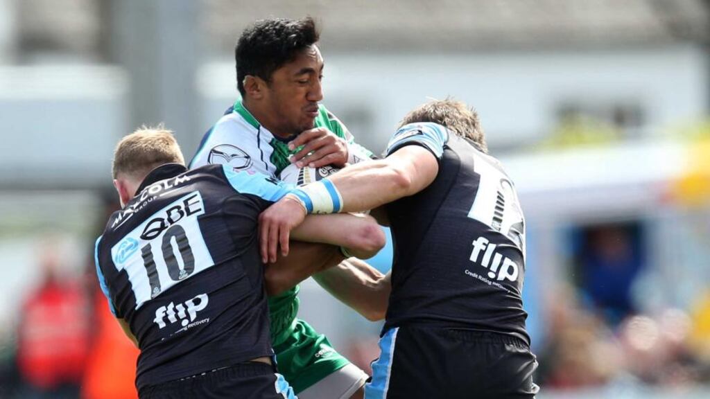 Connacht centre Bundee Aki is tackled by Glasgow’s Finn Russell and Peter Horne during the Guinness Pro 12 game at the Sportsground in Galway. Photo: Ryan Byrne/Inpho