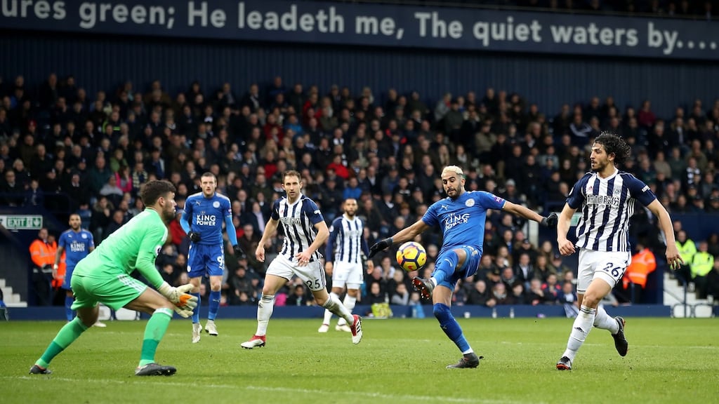 Leicester City’s Riyad Mahrez scores his side’s second goal of the game during the Premier League win over West Brom at The Hawthorns. Photo: Nick Potts/PA Wire