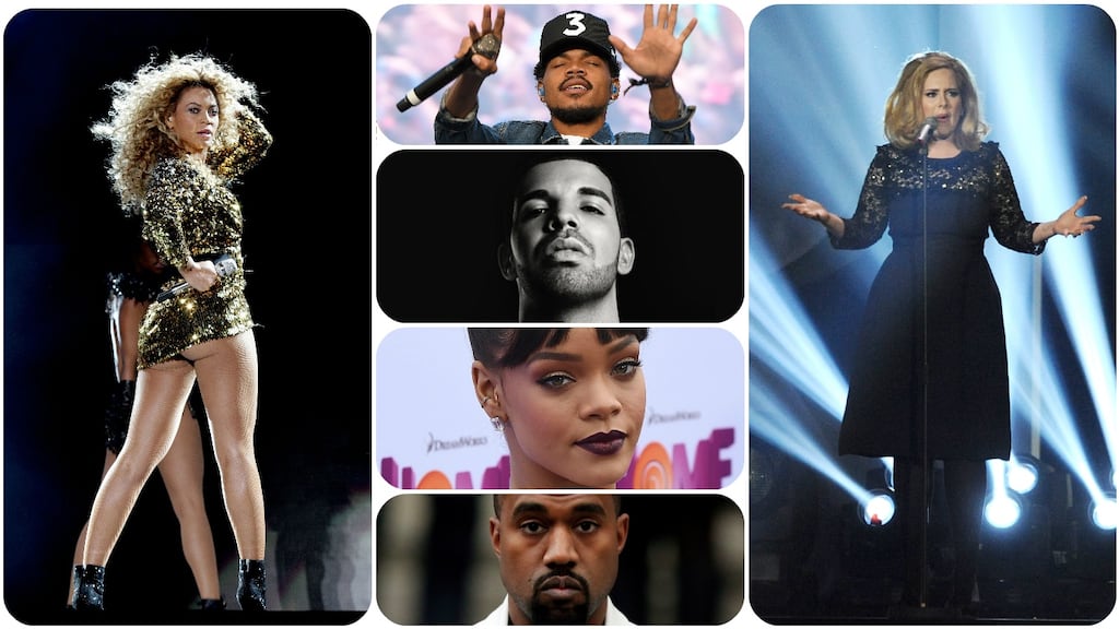Impressive showing: Beyoncé, Chance the Rapper, Drake, Rihanna, Kanye West and Adele