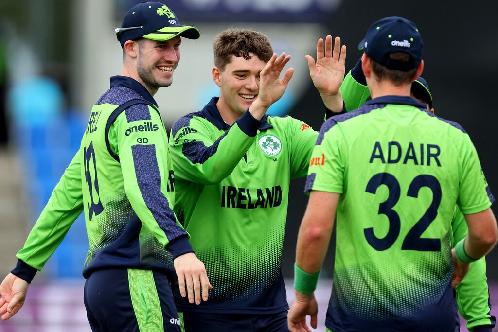 Ireland's Gareth Delany (C) celebrates his wicket of West Indies' Evin Lewis. Photograph: David Gray/AFP via Getty