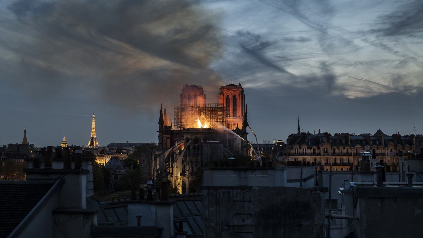 Flames and smoke are seen billowing from the roof at Notre-Dame on April 15th, 2019 in Paris, France. Photograph: Veronique de Viguerie/Getty Images