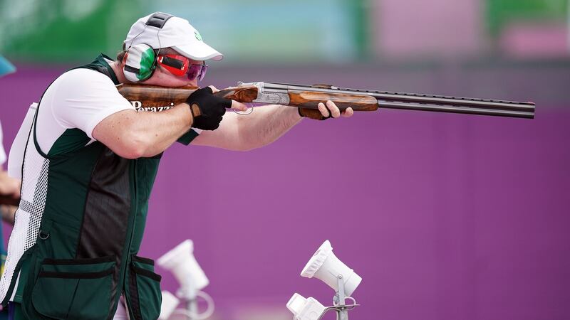 Derek Burnett competes in the men’s trap shooting at the Asaka Shooting Range. Photo: Mike Egerton/PA Wire