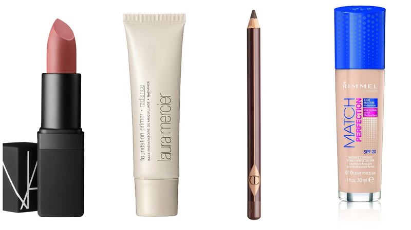 NARS Sheer Lipstick in Dolce Vita, Laura Mercier Foundation Primer, Charlotte Tilbury The Classic Eye Powder Pencil in Audrey, and Rimmel Match Perfection Foundation