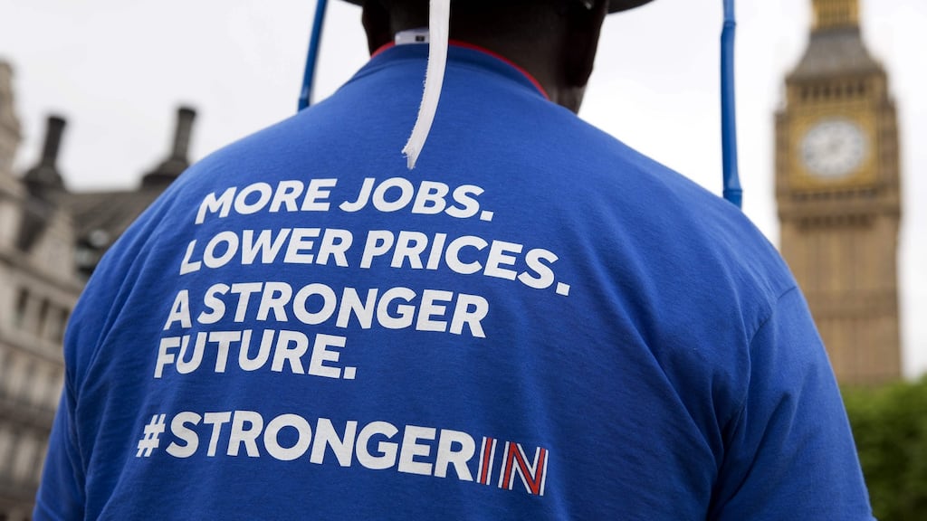 A man wears a t-shirt in London promoting the ‘Britain Stronger in Europe’ cause in advance of the Brexit referendum. Photograph: Justin Tallis/AFP/Getty