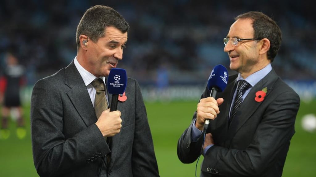 New Republic of Ireland manager Martin O’Neill (R) and his assistant Roy Keane look on prior to the UEFA Champions League Group A match between Real Sociedad and Manchester United at Estadio Anoeta. Photograph: Mike Hewitt/Getty Images.