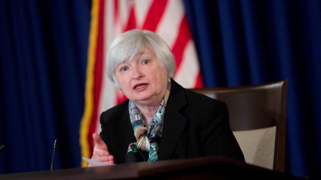 Janet Yellen, chair of the US Federal Reserve, during a news conference yesterday. The Fed says it will look at a wide range of data in determining when to raise its benchmark interest rate from zero. Photograph: Andrew Harrer/Bloomberg