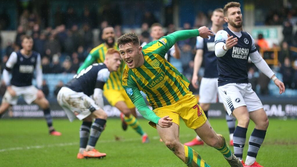 Dara O’Shea of West Bromwich Albion celebrates after scoring his team’s second goal during the Championship win over Millwall. Photo: Alex Pantling/Getty Images