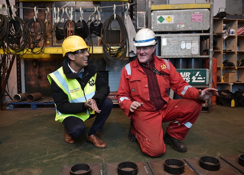 British prime minister Rishi Sunak visiting the Harland & Wolff shipyard factory in Belfast, Northern Ireland. Photograph: Charles McQuillan/Getty Images