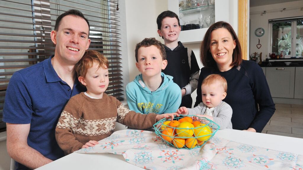 Nutritionist Caroline O’Connor in Passage West, Cork, with her husband John and their children Finn (3), Aidan (7), Declan (9) and Alice (1). Photograph: Daragh McSweeney/Provision