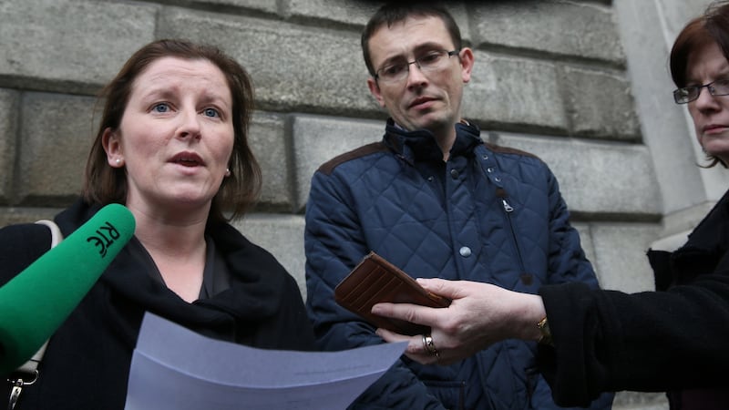 Aoife and Raymond Manton, of Dualla Road, Cashel, Co Tipperary, speaking to the media outside the Four Courts on October 15th, 2015,  after they settled a High Court action on behalf of their daughter, Katie. Photograph: Collins Courts