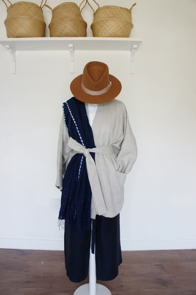Irish linen kimono Û420, bandhani shawl Û280, indigo trousers Û260, Jaxson desert brown felt hat Û258.