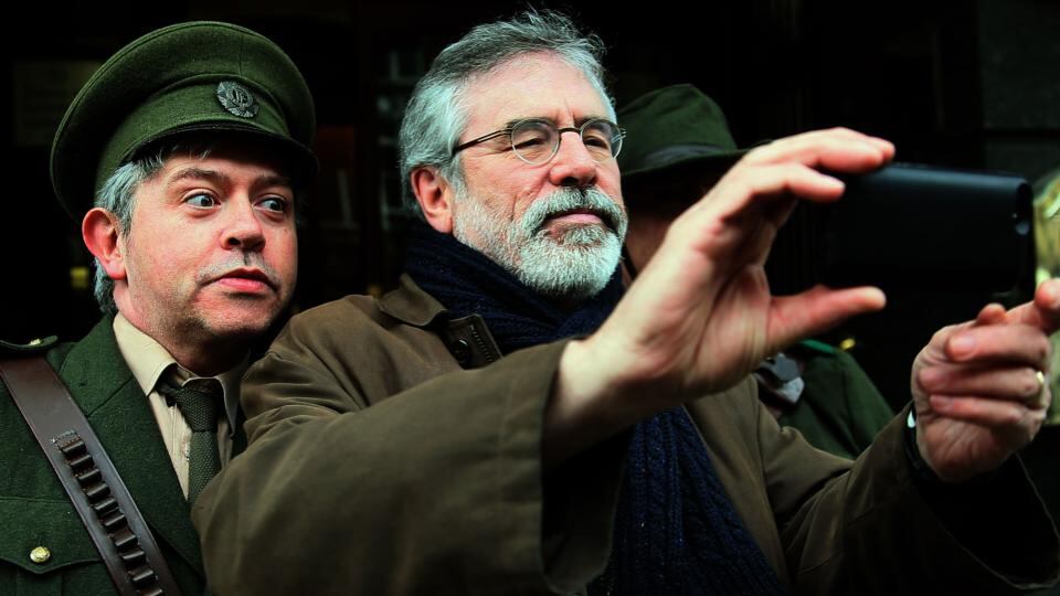 Sinn Féin leader Gerry Adams, with actor Jim Roche as Padraig Pearse, ahead of the launch of Sinn Féin’s National Programme of Events surrounding the 1916 Commemorations, at Wynn’s Hotel, Abbey St, Dublin. Photograph: PA