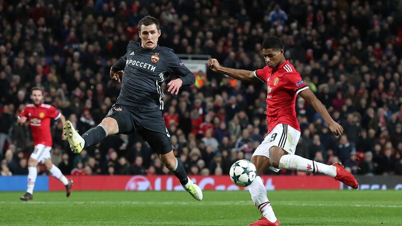 Marcus Rashford scores Manchester United’s winner at Old Trafford. Photograph: Martin Rickett/PA