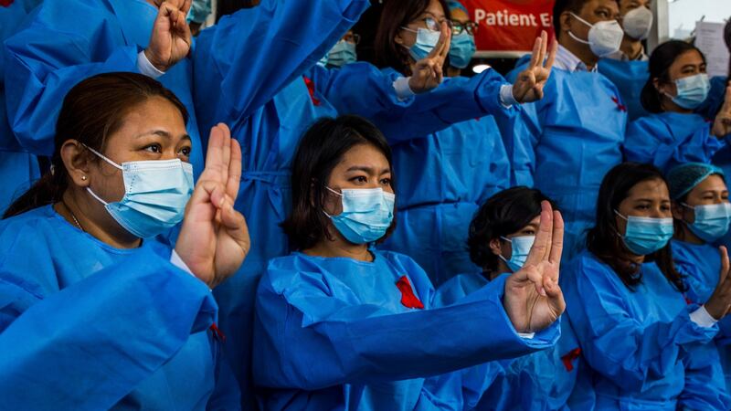Doctors at a hospital in Yangon protesting against the military coup in February. Photograph: The New York Times