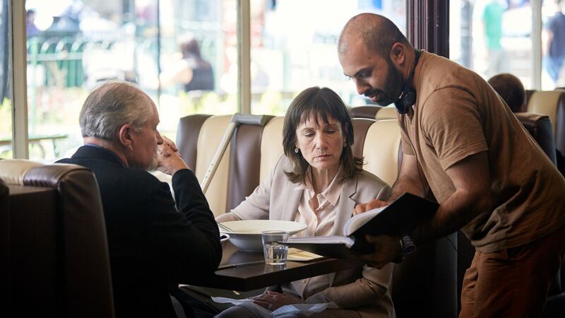 Jim Broadbent and Harriet Walter on the set of The Sense of an Ending with director Ritesh Batra