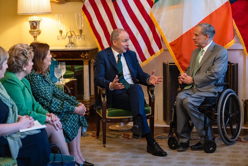 Taoiseach Micheál Martin meets the governor of Texas Greg Abbott in Austin, Texas at the governor's Mansion. Photograph: Government of Ireland