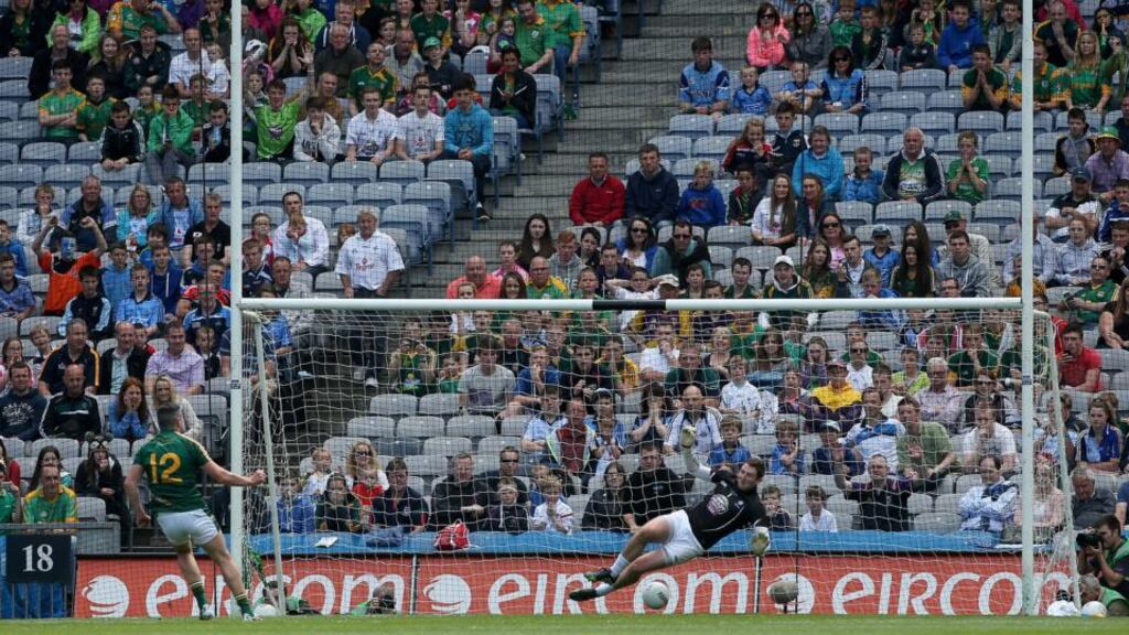 Meath’s Andrew Tormey scores his side’s first goal from a penalty in the Leinster SFC semi-final against Kildare at Croke Park. Photograph: Ryan Byrne/Inpho