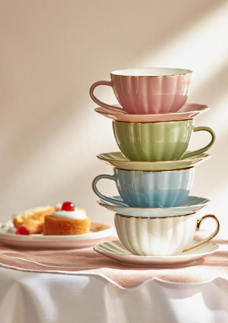 Penneys gold-rimmed, punchy pastel scalloped teacup and saucer sets