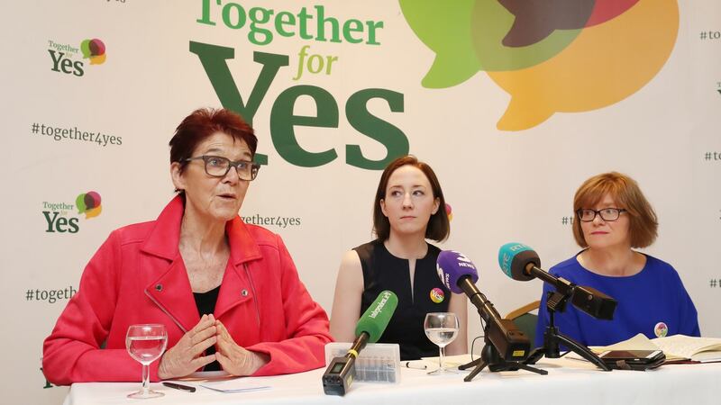 Co-directors of Together For Yes (left to right) Ailbhe Smyth, Gráinne Griffin and Orla O’Connor hold a final press conference in Dublin. Photograph: Niall Carson/PA