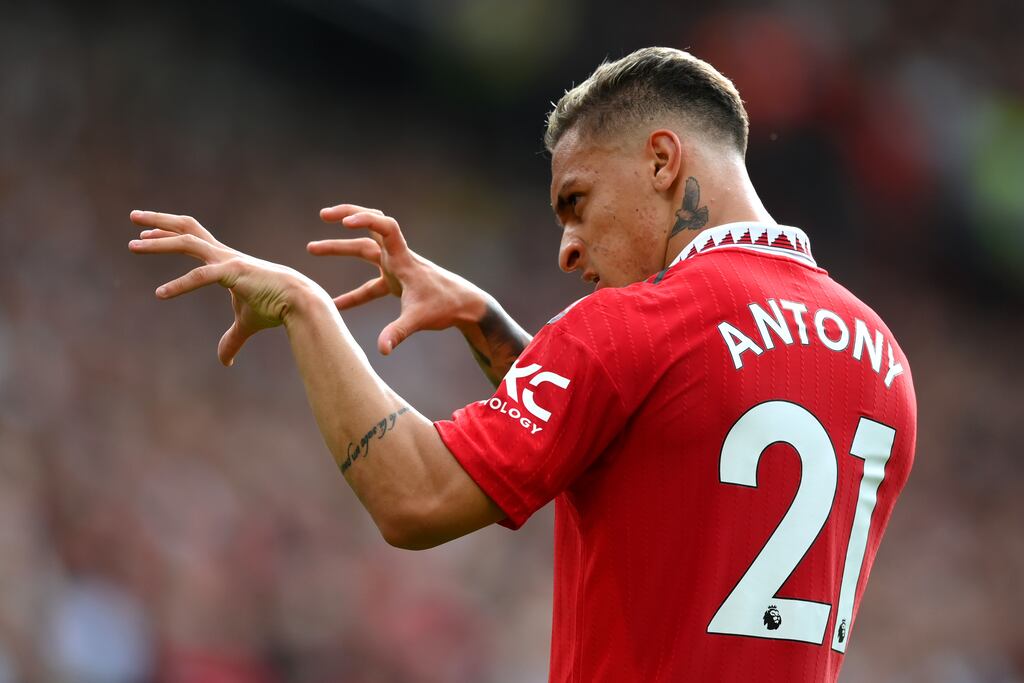 Antony celebrates after scoring on his debut for Manchester United at Old Trafford. Photograph: Shaun Botterill/Getty Images