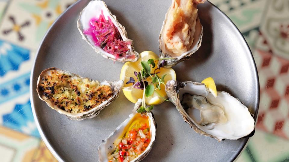 Oyster tasting plate from The Cornstore. Photograph: Miki Barlok