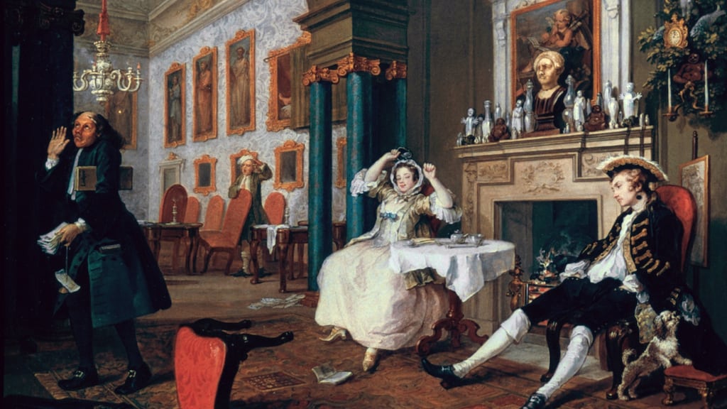 High living: a steward walks off in disgust at the antics of a drunk nobleman and his wife in The Tete A Tete (1743), from Marriage á-la-mode by William Hogarth. Photograph: Art Media/Print Collector/Getty Images