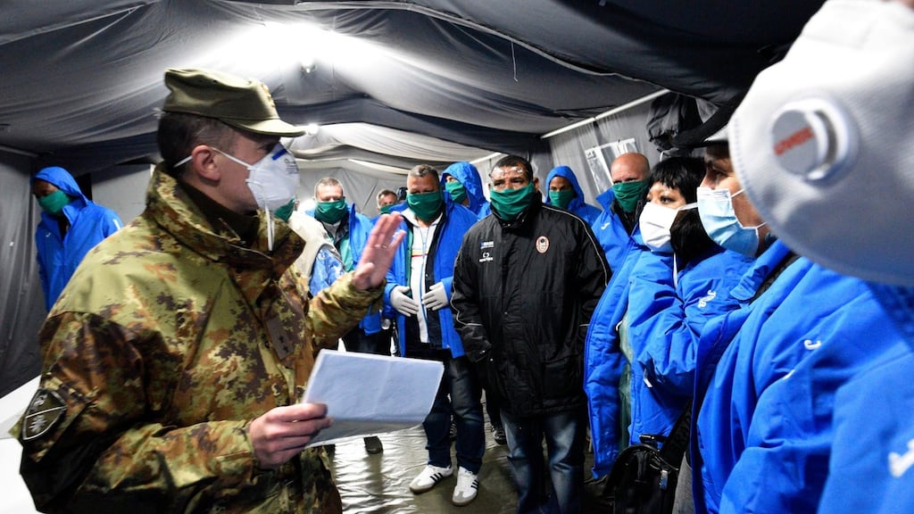 Cuban doctors at the field hospital in Crema during the Coronavirus emergency lockdown in Italy. Photograph: EPA