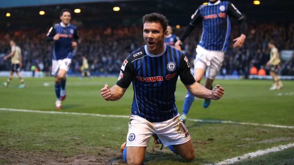 Scott Hogan of Rochdale AFC celebrates his goal against Leeds United at Spotland Stadium, where the homeside won 2-1. Photograph: Jan Kruger/Getty Images