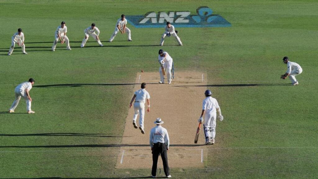 Matt Prior defends the final ball of the third test match to secure a draw for England against New Zealand at Eden Park in Auckland. Photograph: Anthony Devlin/PA
