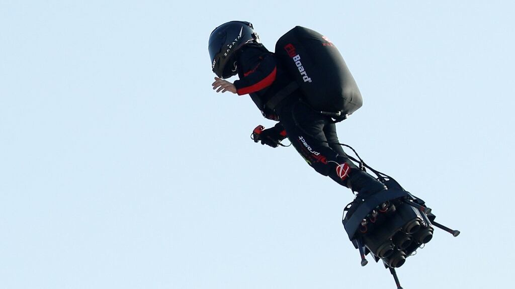 French inventor Franky Zapata takes off on his Flyboard to cross the Channel. Photograph: Reuters