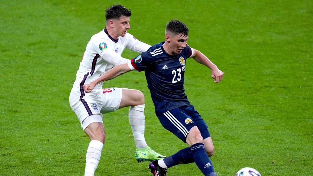 England’s Mason Mount closes down Scotland’s Billy Gilmour during their Euro 2020 match at Wembley. Photograph: Mike Egerton/PA