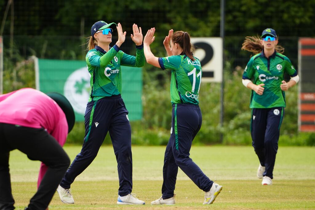 Ireland's Arlene Kelly celebrates taking a wicket during the game against Italy in Rotterdam. Photograph: ICC Media