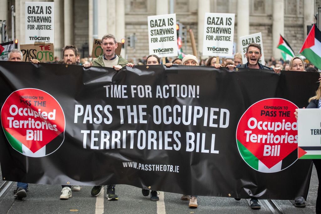 Demonstrators from the Campaign to Pass the Occupied Territories Bill at the Gaza solidarity demonstration in Dublin, calling on all election candidates to support the Occupied Territories Bill. Photograph: Garry Walsh / Trócaire