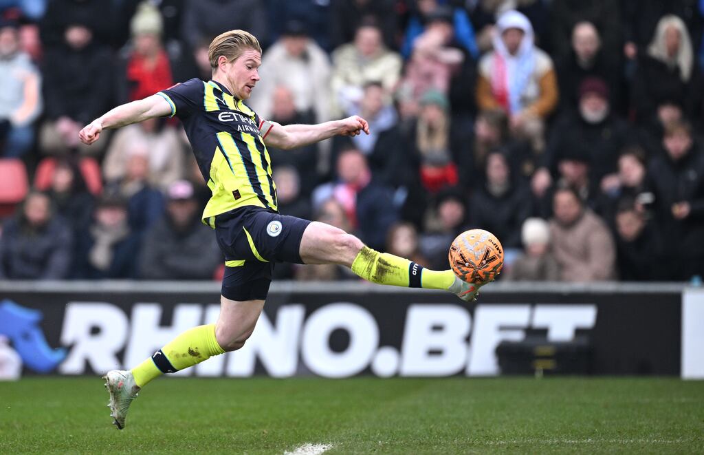Kevin De Bruyne scores Manchester City's second goal against Leyton Orient. Photograph: Justin Setterfield/Getty Images