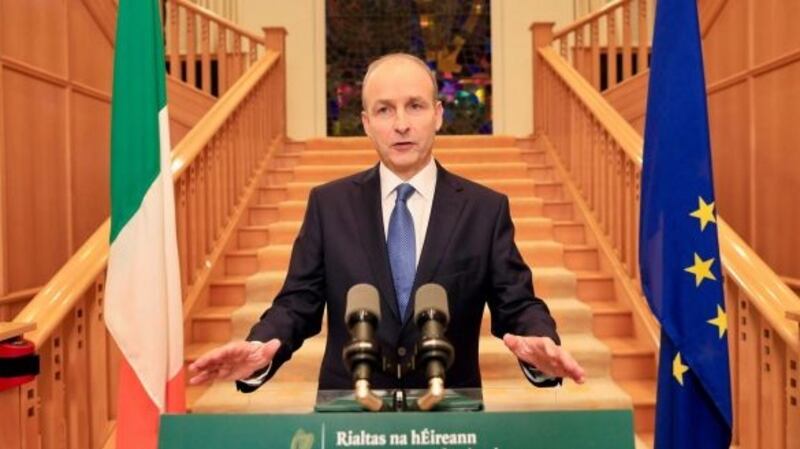 Taoiseach Micheál Martin addresses the nation at Government Buildings on October 19th announcing a nationwide lockdwon for six weeks. Photograph: Julien Behal/Pool/AFP via Getty