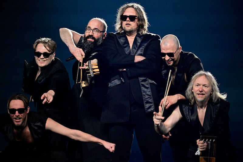 Estonia's representatives rehearse for the Eurovision Song Contest. Photograph: Tobias Schwarz/AFP via Getty