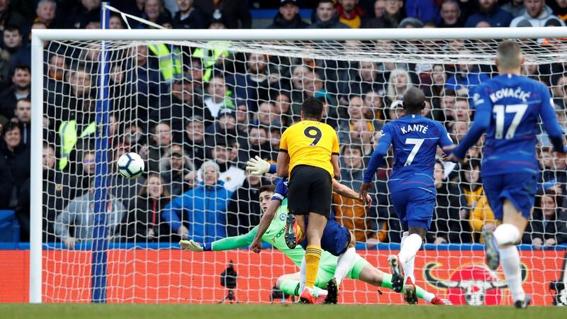 Wolverhampton Wanderers’ Raul Jimenez scores their first goal during the Premier League clash with Chelsea at Stamford Bridge. Photo: David Klein/Reuters