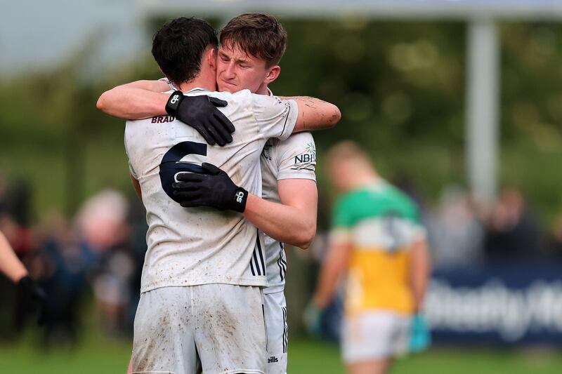 David Hyland and Colm Dalton celebrate after Kildare's win over Offaly in the Tailteann Cup quarter-final last weekend. Photograph: Bryan Keane/Inpho