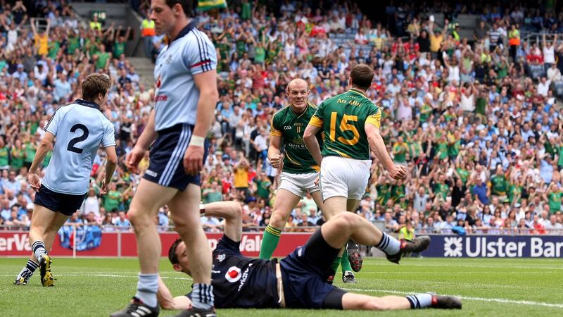 Meath’s Stephen Bray celebrates scoring a goal against Dublin with team-mate Joe Sheridan during the 2010 Leinster semi-final. Photograph: Cathal Noonan/Inpho